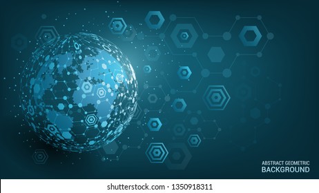 Vector. Blue background. Geometric sphere. Planet Earth. Global social network. Future. Hexagon. Internet and technology. Abstract image of dots and lines. Modern science.