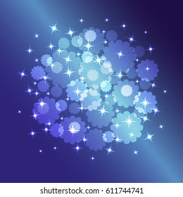 Vector blue background with glowing stars and flowers