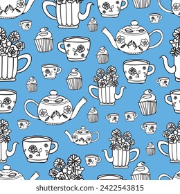 fondo azul vectorial elementos de fiesta de té jardín dibujado a mano sin fisuras patrón perfecto para papel de envoltura, invitaciones, té alto, placas de papel, servilletas, papel estacionario, papel tapiz, proyectos, tela