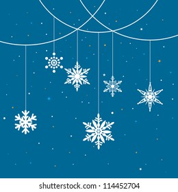 Vector blue background of hanging christmas-themed snowflakes.