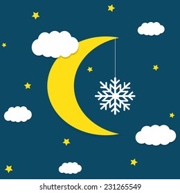 Vector blue background with hanging clouds, moon, stars and snowflakes/ christmas card