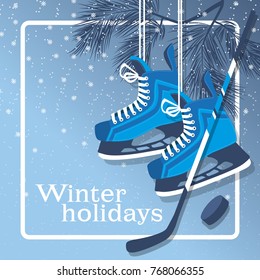 Vector blue background with hockey skates, hockey stick and puck. Winter recreation and entertainment.