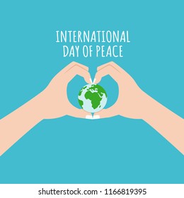 Vector blue background for International Day of peace. Green peace day. Concept illustration with hand love of peace