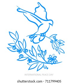 Vector blue background for International Day of peace. Concept illustration with dove of peace, olive branch. International Peace Day poster