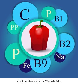 Vector blue background with paprika and vitamins. Healthy food elements