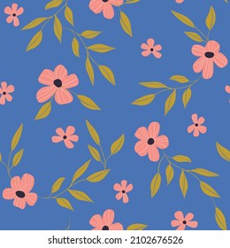 fondo azul vectorial flor rosa hoja dorada fondo de patrón sin fisuras, perfecto para tela, scrapbooking, papel pintado, proyectos de papelería.
