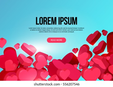 Vector blue background with red hearts.Valentines day banner