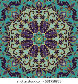 Vector blue background with round element. Rich ornament with mandalas. Template for fabric, wallpaper, textiles, carpet, shawl, cushion. Stylized colorful baroque pattern.