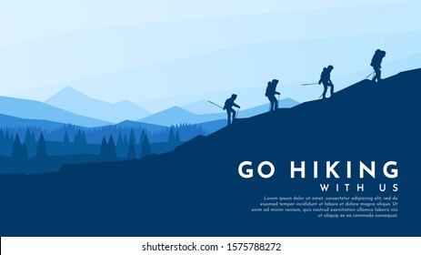 Vector blue background. Travel concept of discovering, exploring and observing nature. Hiking. Adventure tourism. Flat design template of gift card, web banner, invitation, poster, website. Landscape