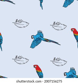 Vector blue background tropical birds, parrots, macaw, exotic cockatoo birds. Seamless pattern background