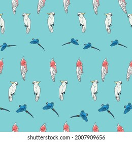 Vector blue background tropical birds, parrots, macaw, exotic cockatoo birds. Seamless pattern background