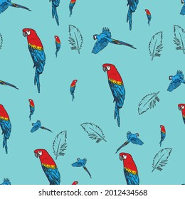 Vector blue background tropical birds, parrots, macaw, exotic cockatoo birds. Seamless pattern background