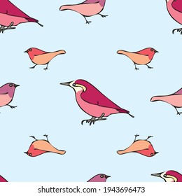 Vector blue background various red birds seamless pattern. Purple Finch, Seamless pattern background