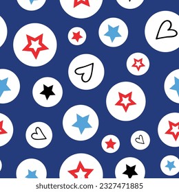 Vector Blue Background White Circles with Patriotic Stars and Hearts Seamless Pattern Background. Perfect for fabric, scrapbooking, wallpaper projects and paper products.