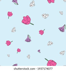 Tulipanes de color púrpura blanco de fondo azul vectorial, patrón sin costura floral. Fondo de patrón sin problemas
