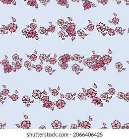 Vektorblauer Hintergrund, weiße rosa Kirschbaumblumen und Kirschblüten, Sakurarablumen. Nahtloser Musterhintergrund