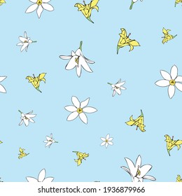 Vector blue background white yellow lemony floral seamless pattern. Daisies, Lilies. Seamless pattern background