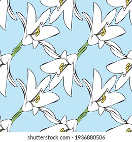 Vector blue background white yellow lemony floral seamless pattern. Lilies. Seamless pattern background