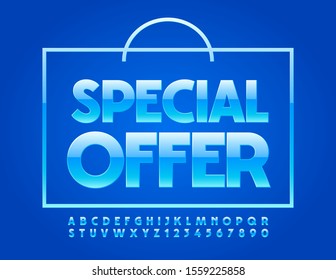 Vector blue bag Special Offer. Glossy Uppercase Font. Modern Alphabet Letters and Numbers