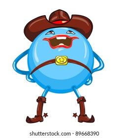 vector blue ball in a brown cowboy hat and boots with spurs, with a smile stands legs apart and hands on hips, isolated on white background