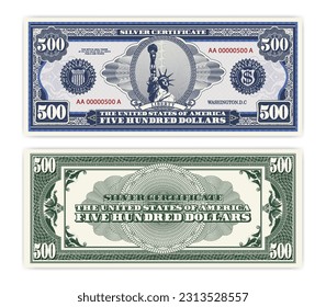 Billete obverso azul vectorial y certificado verde reverso de plata de 500 dólares estadounidenses. Oval, libertad y marco guilloche. Dinero ficticio de papel americano.