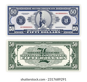 Vector blue banknote obverse and green reverse silver certificate of 50 US dollars. Oval, liberty and guilloche frame. American paper fictional money.