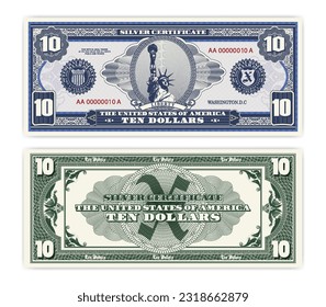 Vector blue banknote obverse and green reverse silver certificate of 10 US dollars. Oval, liberty and guilloche frame. American paper fictional money.