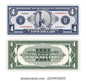 Vector blue banknote obverse and green reverse silver certificate of 4 US dollars. Oval, liberty and guilloche frame. American paper fictional money.