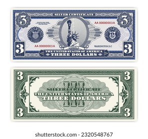 Vector blue banknote obverse and green reverse silver certificate of 3 US dollars. Oval, liberty and guilloche frame. American paper fictional money.