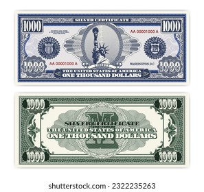 Vector blue banknote obverse and green reverse silver certificate of 1000 US dollars. Oval, liberty and guilloche frame. American paper fictional money.