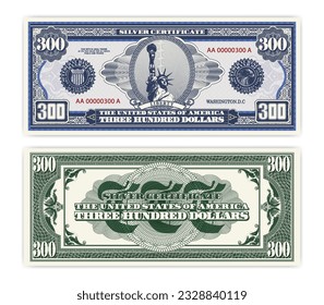 Vector blue banknote obverse and green reverse silver certificate of 300 US dollars. Oval, liberty and guilloche frame. American paper fictional money.