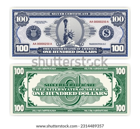 Vector blue banknote obverse and green reverse silver certificate of 100 US dollars. Oval, liberty and guilloche frame. American paper fictional money.
