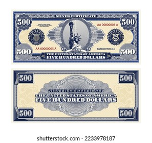 Vector blue banknote obverse and reverse silver certificate of 500 US dollars. Oval, liberty and guilloche frame. American paper money.