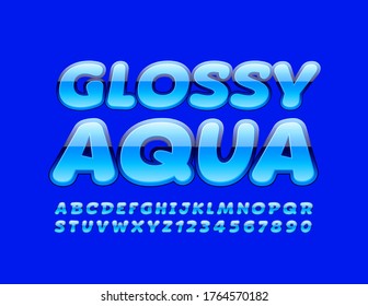 Vector Blue banner Glossy Aqua with Trendy Font. Shiny bright Alphabet Letters and Numbers