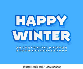 Banner azul vectorial Happy Winter. Moderno estilo infantil. Letras y números alfabéticos artísticos