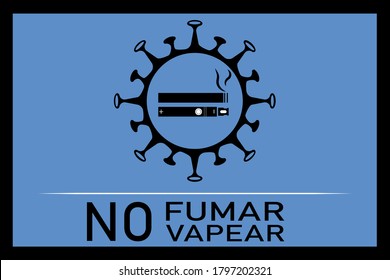 Vector Of A Blue Banner With Prohibition Sign In Spanish (No Smoking, No Vaping) Covid-19 Prevention