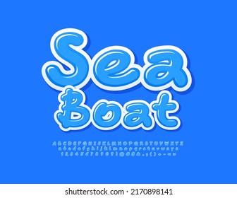 Vector blue banner Sea Boat. Handwritten modern Font. Set of stylish Alphabet Letters and Numbers