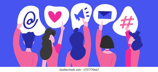 Vector blue banner of social media network in flat style. People communicate on social networks, the concept of an active social position, symbols dog, like, share, write a message, hashtag.