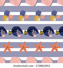 Vector Blue Beach sea star & fish from Beautiful Beach collection seamless pattern background Modern stripe design featuring starfish, fish & shells. Good for home decor, beach apparel and accessories