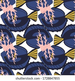 Vector Blue Beach Tropical Fish from Beautiful Beach collection seamless pattern background. Modern repeat design featuring blue Surgeonfish & coral. Good for home decor, beach apparel and accessories