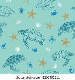 Vector blue beach turtles seamless pattern background. Perfect for fabric, scrapbooking, and wallpaper projects.