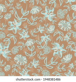 Vector blue beige flowers ochre seamless pattern 