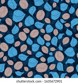 Vector blue and beige nuts textural seamless surface pattern design. Great for home decor items, fabric, wallpaper, gift wrapping paper, kitchen, cafe and restaurant decoration