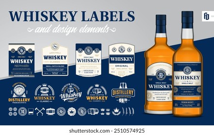 Vector blue and beige premium quality whiskey labels. Realistic whiskey glass bottle mockups. Distillery branding and identity design elements