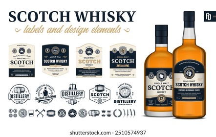 Vetor azul e bege premium qualidade uísque scotch rótulos. Realistas scotch whisky vidro garrafa mockups. Marcas de destilação e elementos de desenho de identidade