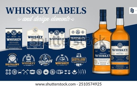 Vector blue and beige premium quality whiskey labels. Realistic whiskey glass bottle mockups. Distillery branding and identity design elements