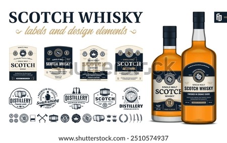 Vector blue and beige premium quality scotch whisky labels. Realistic scotch whisky glass bottle mockups. Distillery branding and identity design elements