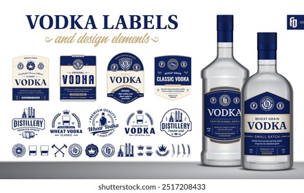 Vector blue and beige vodka labels. Realistic vodka glass bottle mockups. Distillery branding and identity design elements