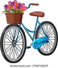 Vektorblaues Fahrrad mit braunem Korb, der lebendige Tulpen hält, saubere Linien, weißer Hintergrund