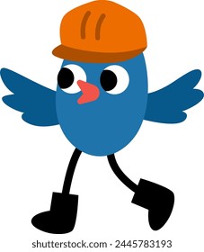 Vector blue bird in hard hat. Construction site worker illustration for kids. Funny builder animal character. Cute repairmen icon isolated on white background
